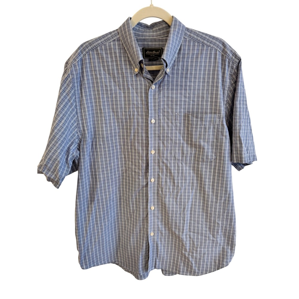 Eddie Bauer Mens Plaid Short Sleeve Button Up Shirt Size L‎ Blue White